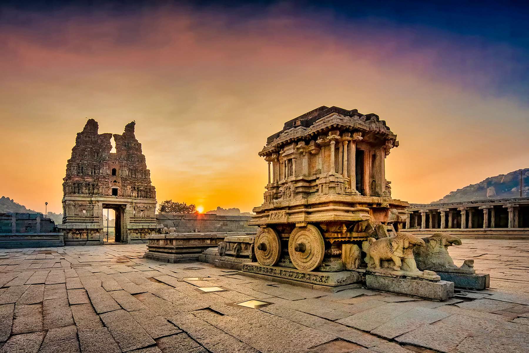 Boulder ruins of Hampi at golden hour, Karnataka